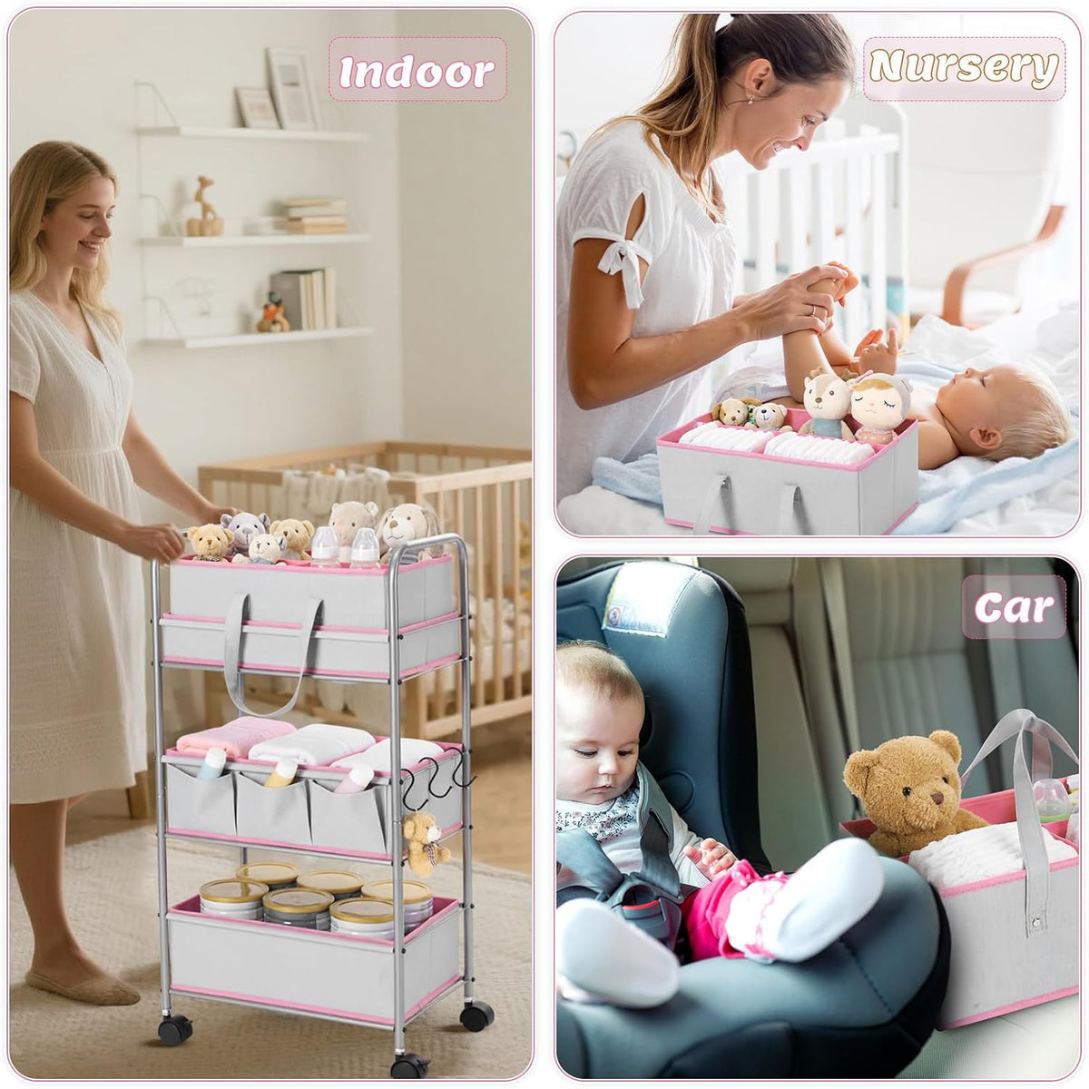 2in1 Baby Diaper Caddy Organizer Cart 3 Tier Large Capacity Metal Utility Bedside Rolling Cart with Divider Newborn Registry Nursery Essential Must Have Bedroom Gift Baby Shower(Pink)