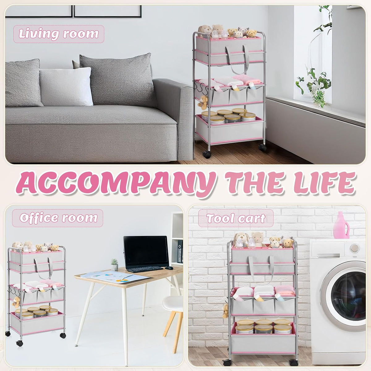 2in1 Baby Diaper Caddy Organizer Cart 3 Tier Large Capacity Metal Utility Bedside Rolling Cart with Divider Newborn Registry Nursery Essential Must Have Bedroom Gift Baby Shower(Pink)