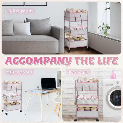 2in1 Baby Diaper Caddy Organizer Cart 3 Tier Large Capacity Metal Utility Bedside Rolling Cart with Divider Newborn Registry Nursery Essential Must Have Bedroom Gift Baby Shower(Pink)