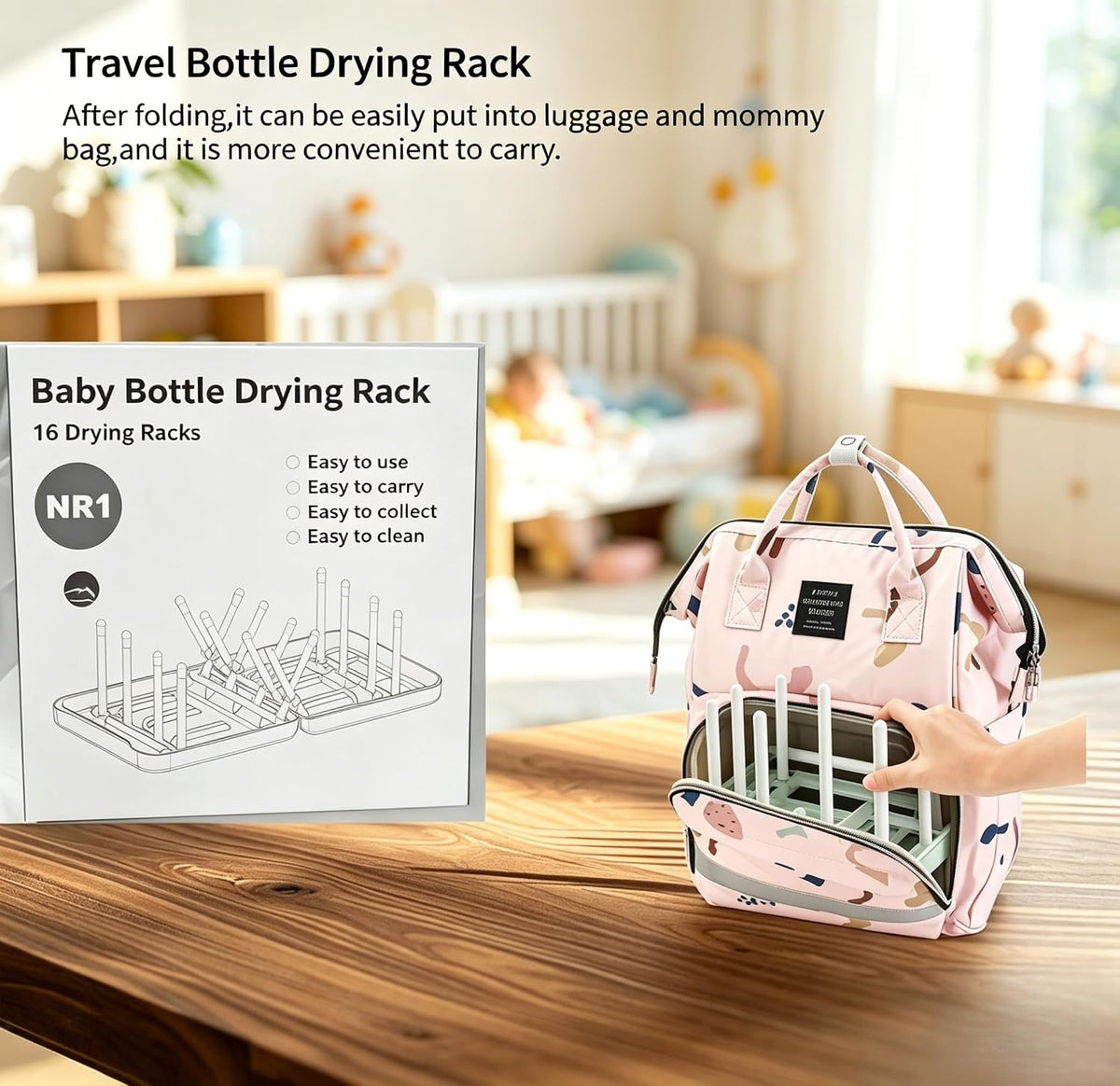 Foldable Travel Bottle Drying Rack, 16-Rib High Capacity, Space-Saving Portable Drying Rack for Baby Bottles, Breast Pumps & Feeding Accessories, Lightweight for Daily & Travel Use