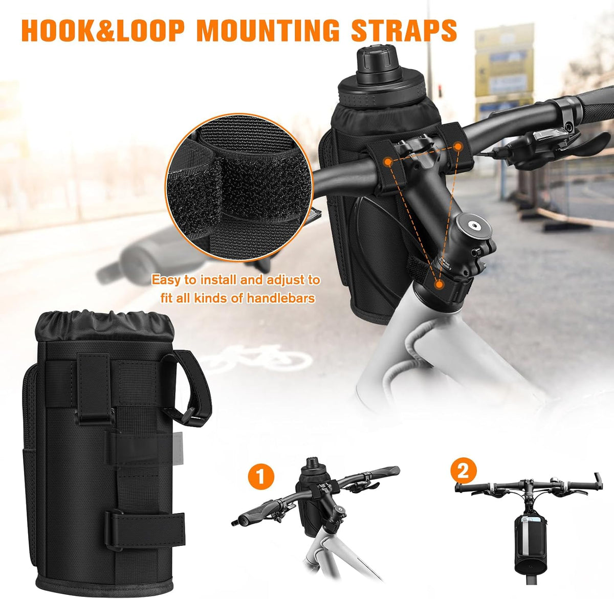 Cup Holder for Bike, Universal Water Bottle Holder w/Phone Pockets