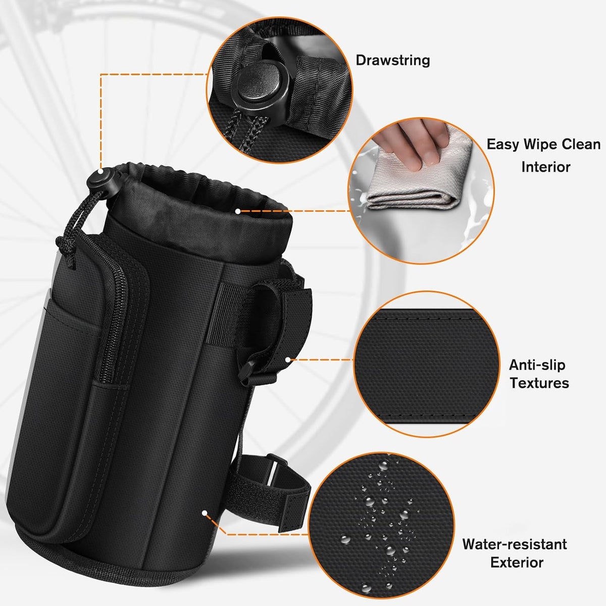 Cup Holder for Bike, Universal Water Bottle Holder w/Phone Pockets