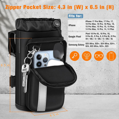 Cup Holder for Bike, Universal Water Bottle Holder w/Phone Pockets