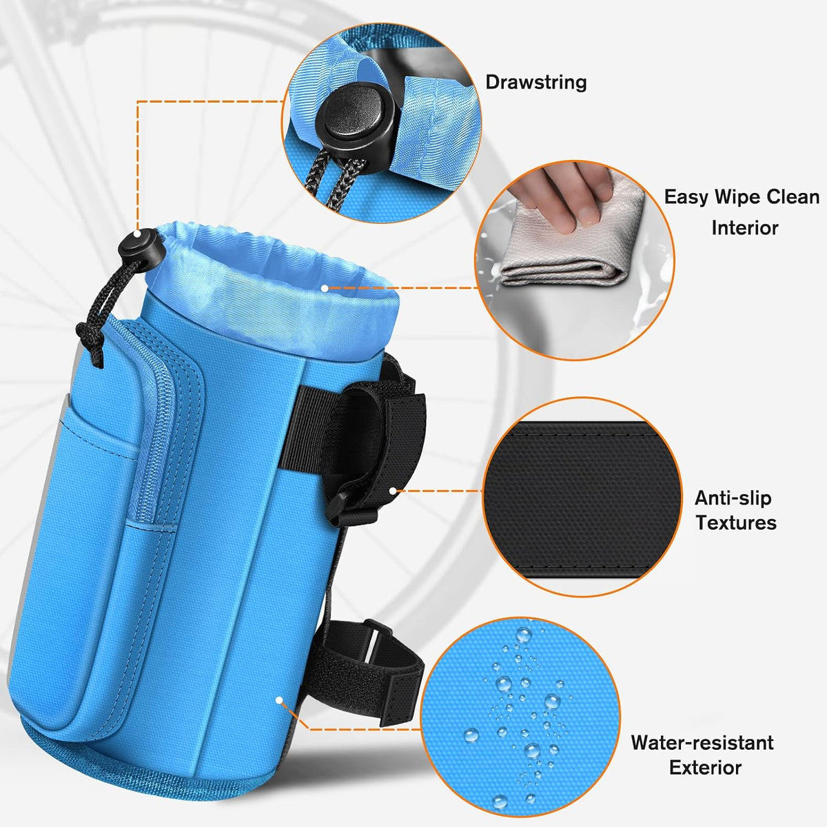Cup Holder for Bike, Universal Water Bottle Holder w/Phone Pockets