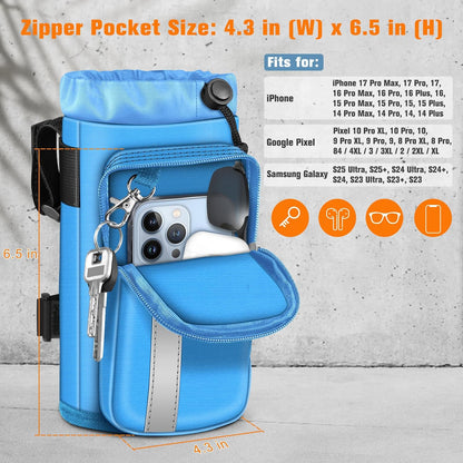 Cup Holder for Bike, Universal Water Bottle Holder w/Phone Pockets