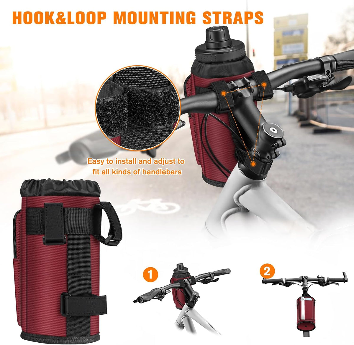 Cup Holder for Bike, Universal Water Bottle Holder w/Phone Pockets