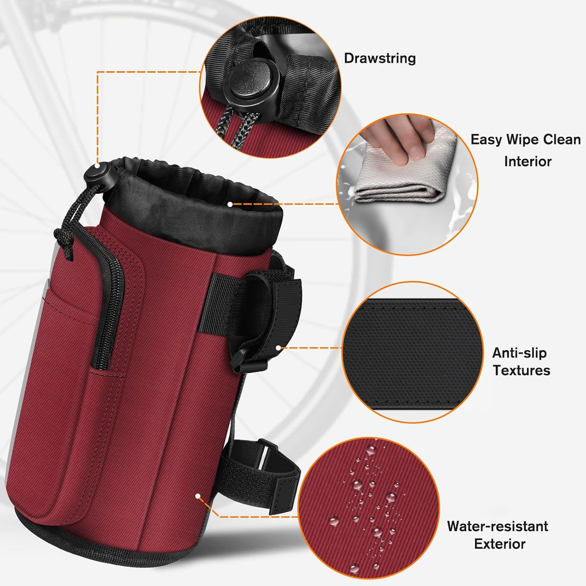 Cup Holder for Bike, Universal Water Bottle Holder w/Phone Pockets