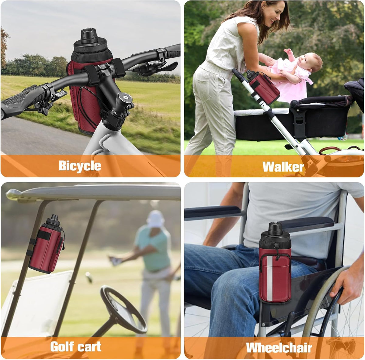 Cup Holder for Bike, Universal Water Bottle Holder w/Phone Pockets