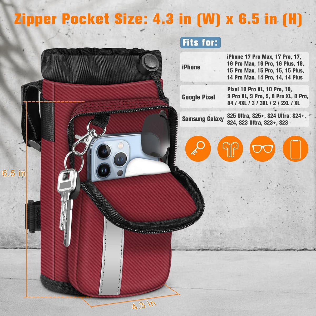 Cup Holder for Bike, Universal Water Bottle Holder w/Phone Pockets