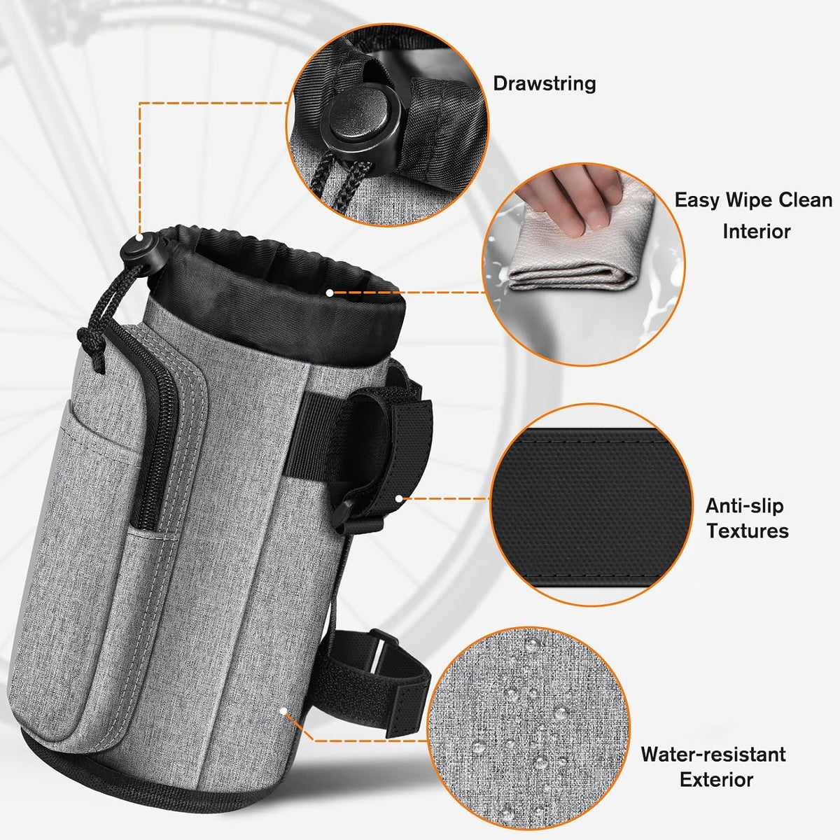 Cup Holder for Bike, Universal Water Bottle Holder w/Phone Pockets