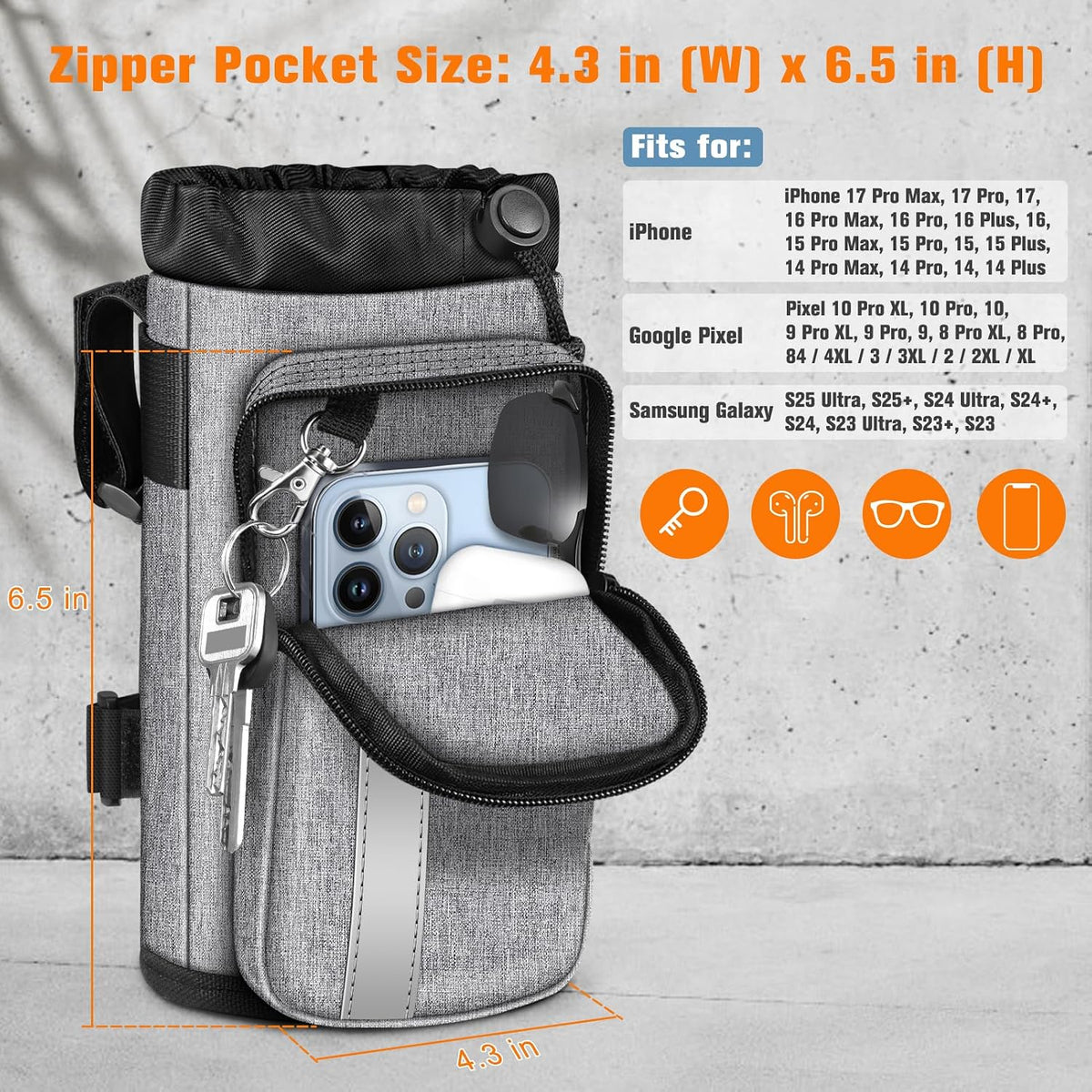 Cup Holder for Bike, Universal Water Bottle Holder w/Phone Pockets