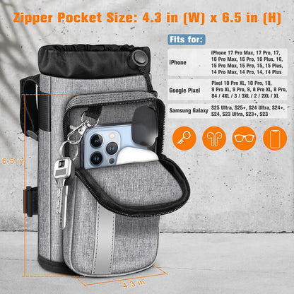 Cup Holder for Bike, Universal Water Bottle Holder w/Phone Pockets