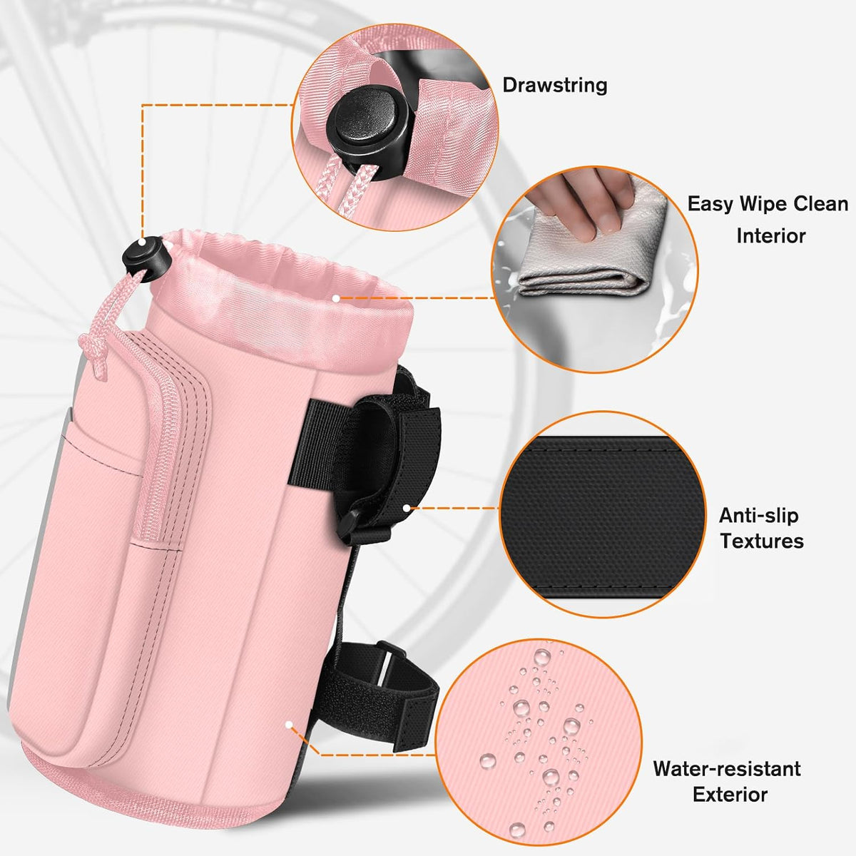 Cup Holder for Bike, Universal Water Bottle Holder w/Phone Pockets