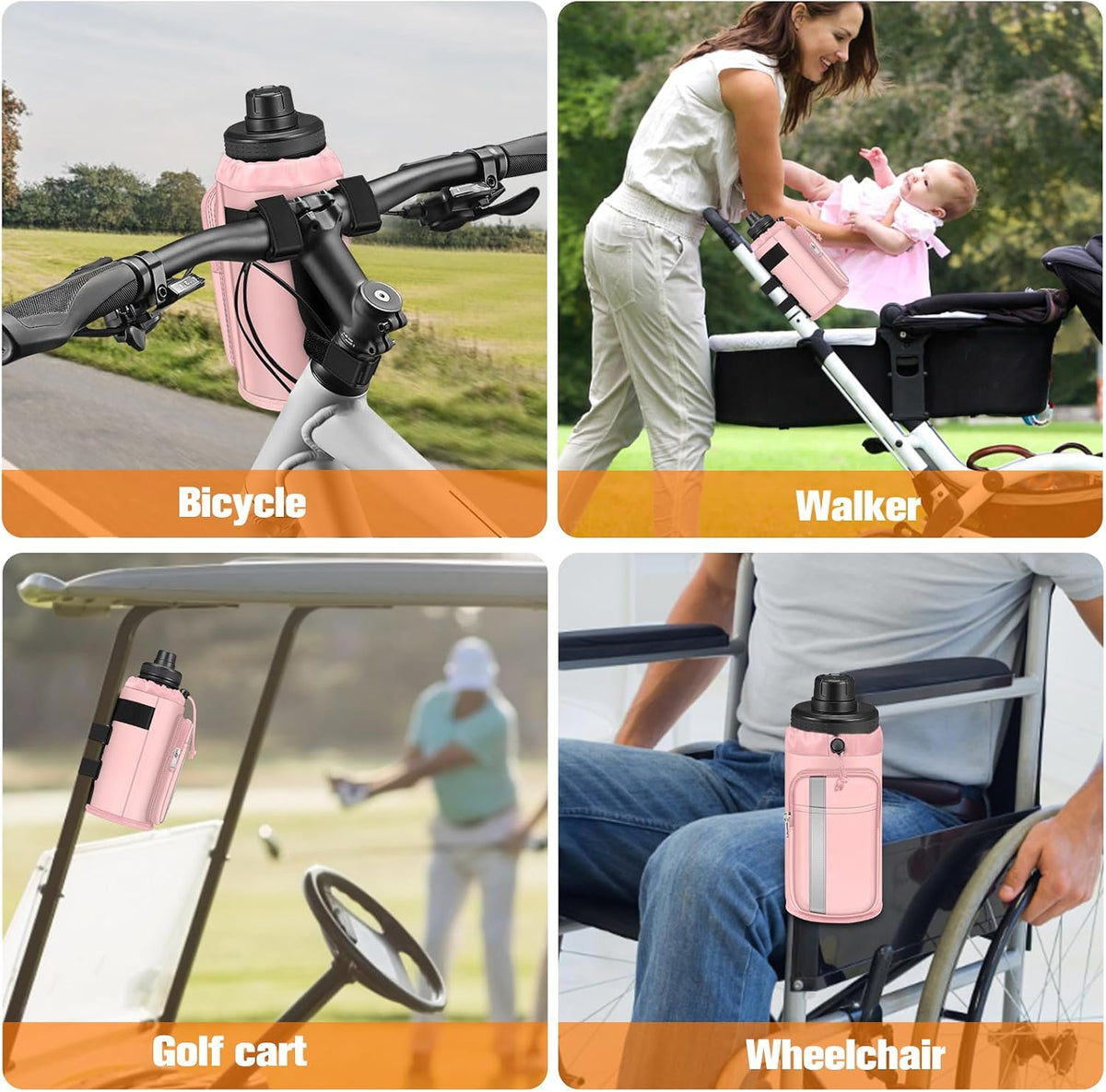 Cup Holder for Bike, Universal Water Bottle Holder w/Phone Pockets