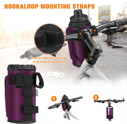 Cup Holder for Bike, Universal Water Bottle Holder w/Phone Pockets