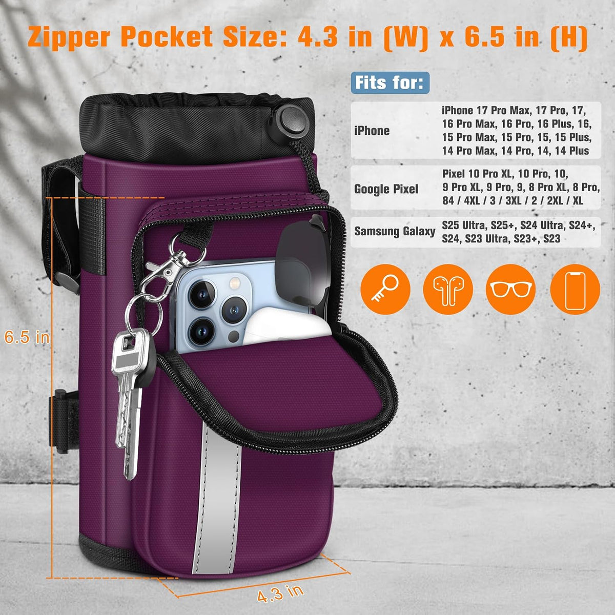 Cup Holder for Bike, Universal Water Bottle Holder w/Phone Pockets