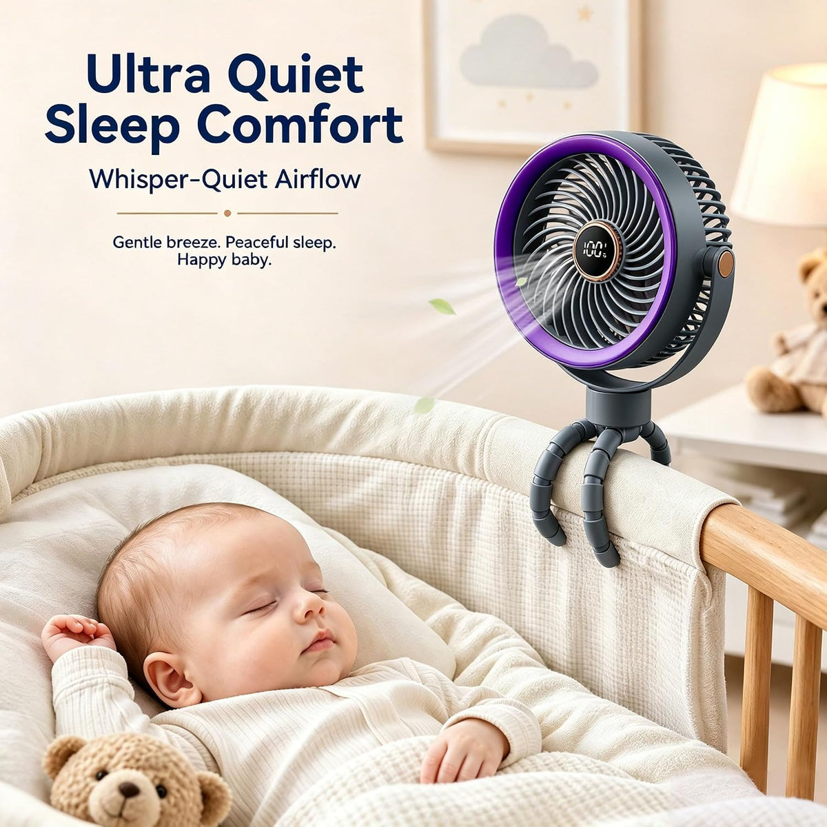 Stroller Fan for Baby Sleeping with Ultra-Quiet, Battery Powered Personal Fan with 5 Speeds & LED Display, 360° Rotation Portable Fan for Crib, Car Seat, Travel