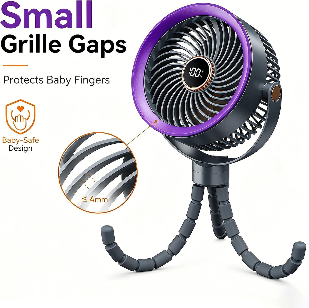 Stroller Fan for Baby Sleeping with Ultra-Quiet, Battery Powered Personal Fan with 5 Speeds & LED Display, 360° Rotation Portable Fan for Crib, Car Seat, Travel