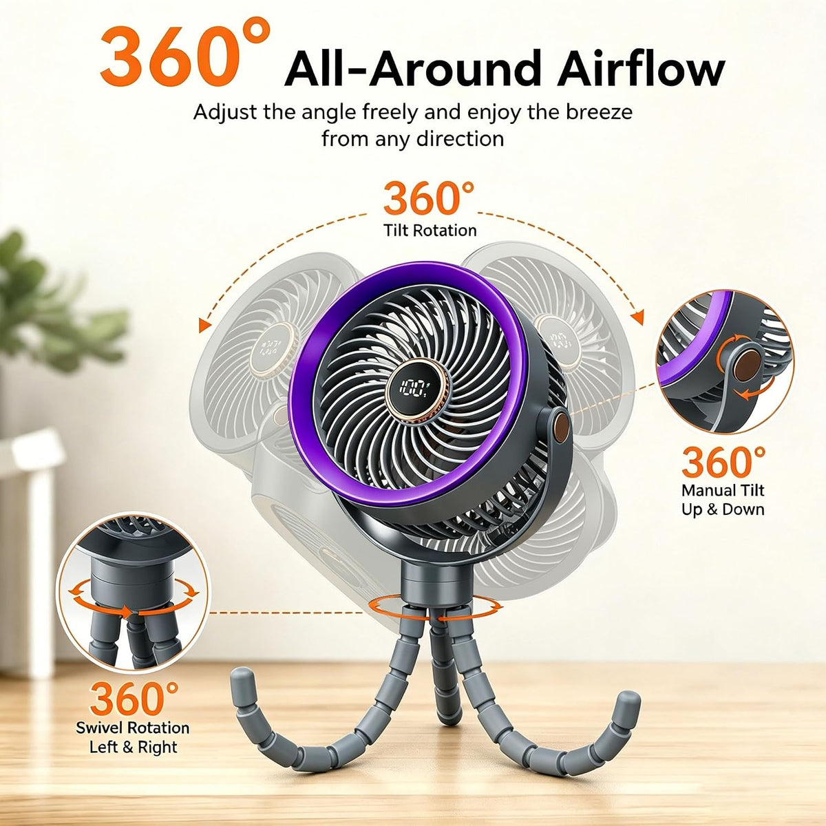 Stroller Fan for Baby Sleeping with Ultra-Quiet, Battery Powered Personal Fan with 5 Speeds & LED Display, 360° Rotation Portable Fan for Crib, Car Seat, Travel