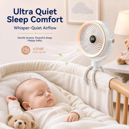 Stroller Fan for Baby Sleeping with Ultra-Quiet, Battery Powered Personal Fan with 5 Speeds & LED Display, 360° Rotation Portable Fan for Crib, Car Seat, Travel