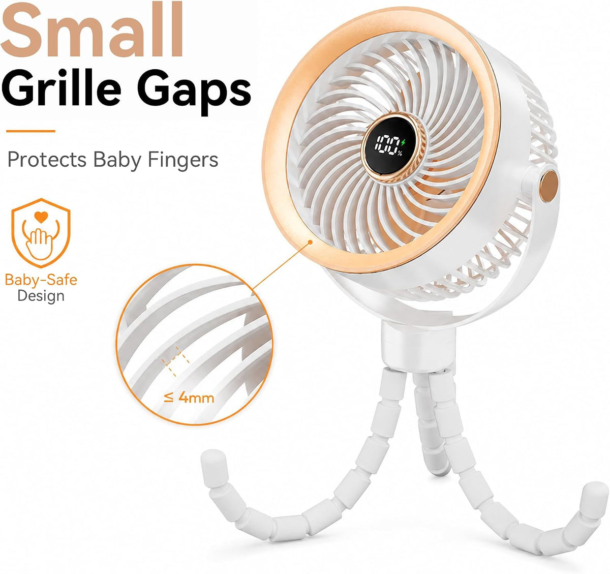 Stroller Fan for Baby Sleeping with Ultra-Quiet, Battery Powered Personal Fan with 5 Speeds & LED Display, 360° Rotation Portable Fan for Crib, Car Seat, Travel