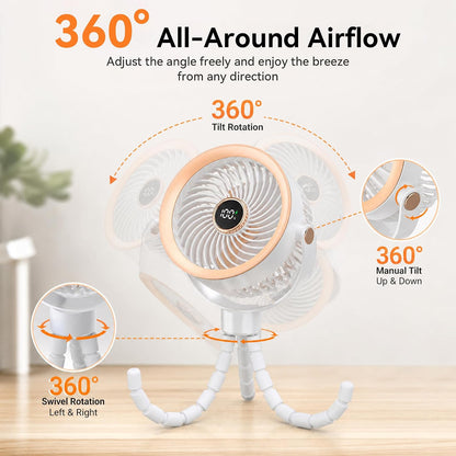Stroller Fan for Baby Sleeping with Ultra-Quiet, Battery Powered Personal Fan with 5 Speeds & LED Display, 360° Rotation Portable Fan for Crib, Car Seat, Travel