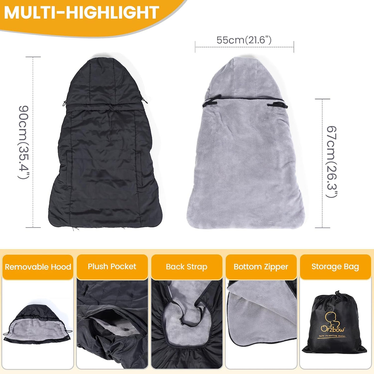 Orzbow Winter Baby Carrier Cover with Detachable Hood, Light Gray