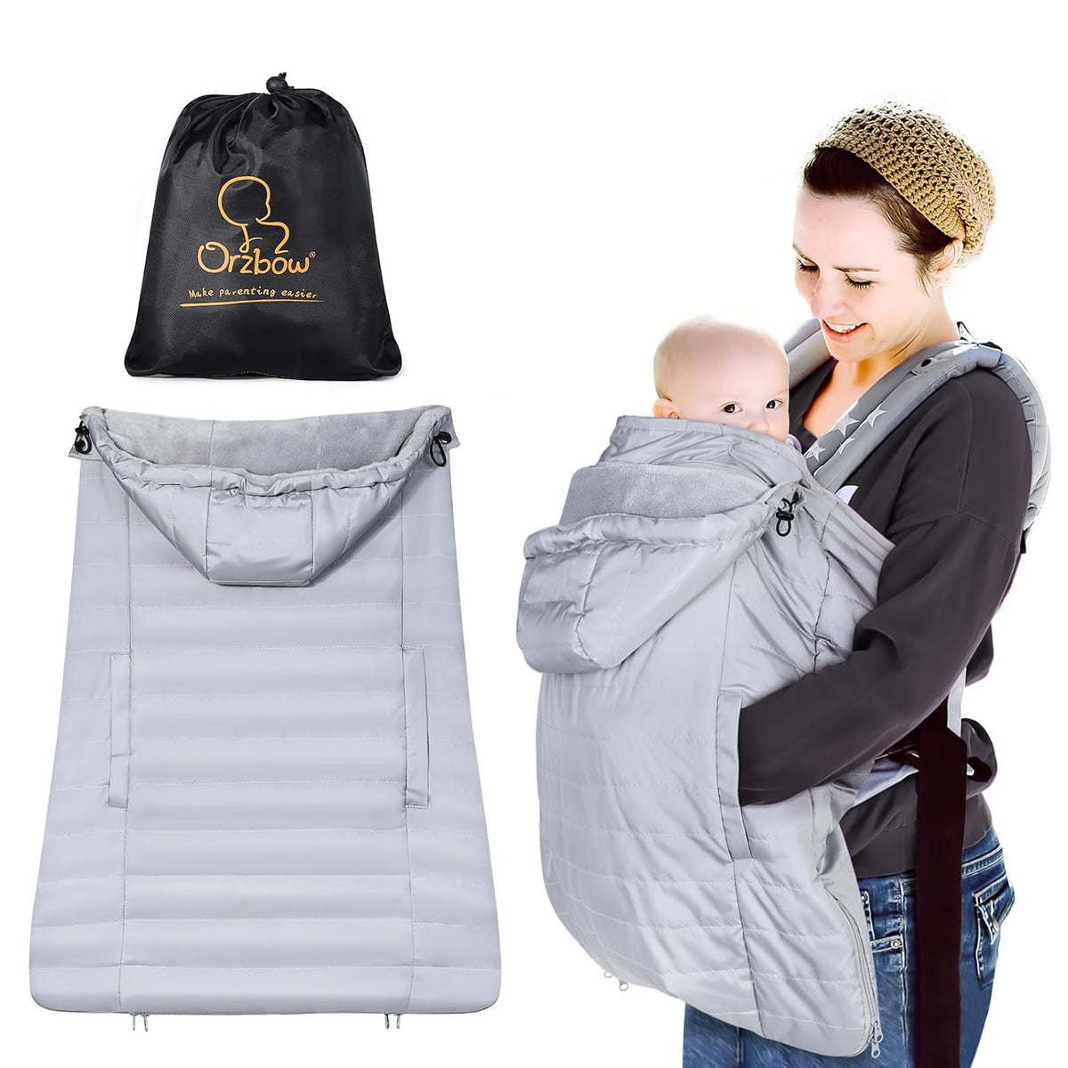Orzbow Winter Baby Carrier Cover with Detachable Hood, Light Gray