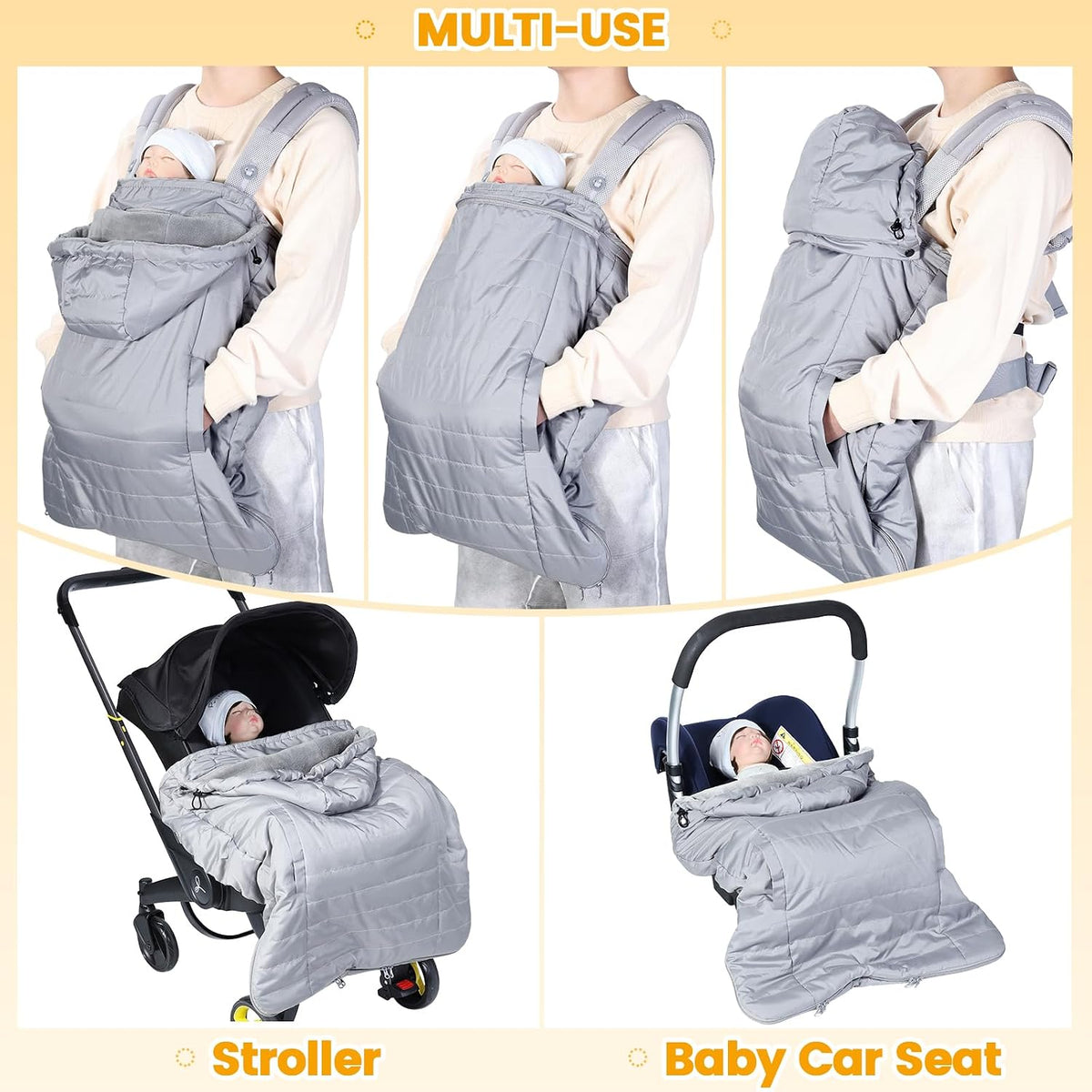 Orzbow Winter Baby Carrier Cover with Detachable Hood, Light Gray