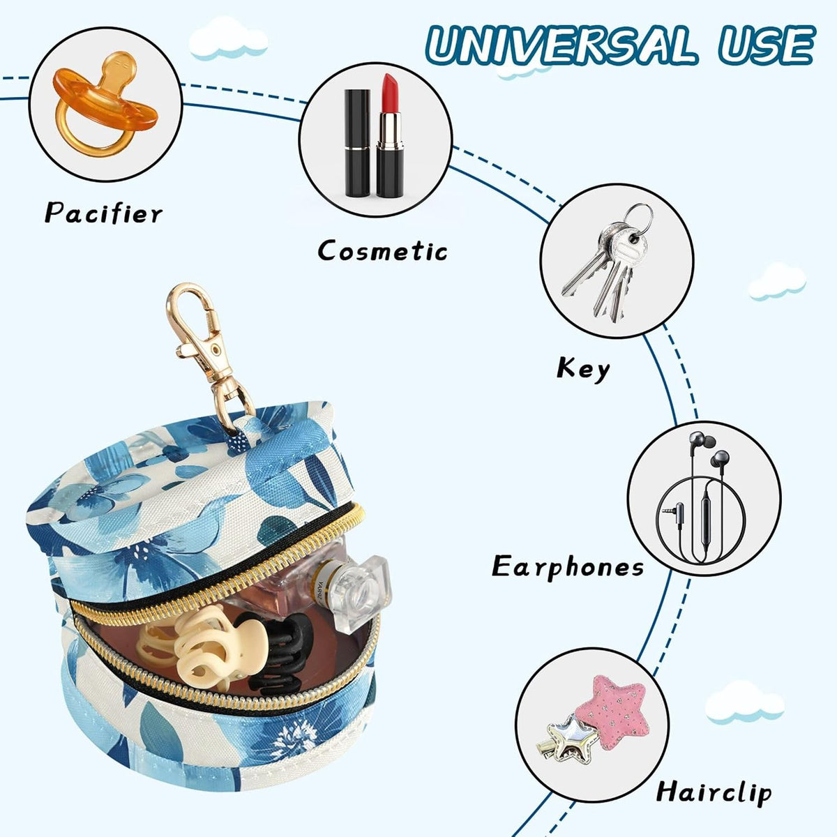 Blue Flowers Baby Pacifier Holder Case, Dustproof Portable Storage Box for Diaper Bag Purse, Pacifier Storage Container for Boys & Girls