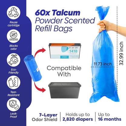 Diaper Refill bags for Diaper Genie Easy Roll – 60 Bags (2x30) – Bags Only, No Cartridge – Max Odor Control – 100% Compatible with Platinum & Signature Pails, Holds 2820 Newborn Diapers