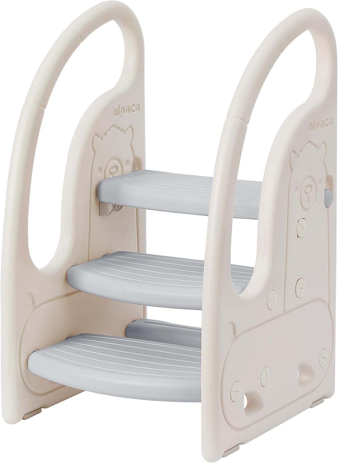 Toddler 3 Step Stool Kids Standing Tower for Toddlers Plastic Learning Helper Stool for Kitchen Counter Bathroom Sink Toilet Potty Training with Handles and Non-Slip Pads-Grey White