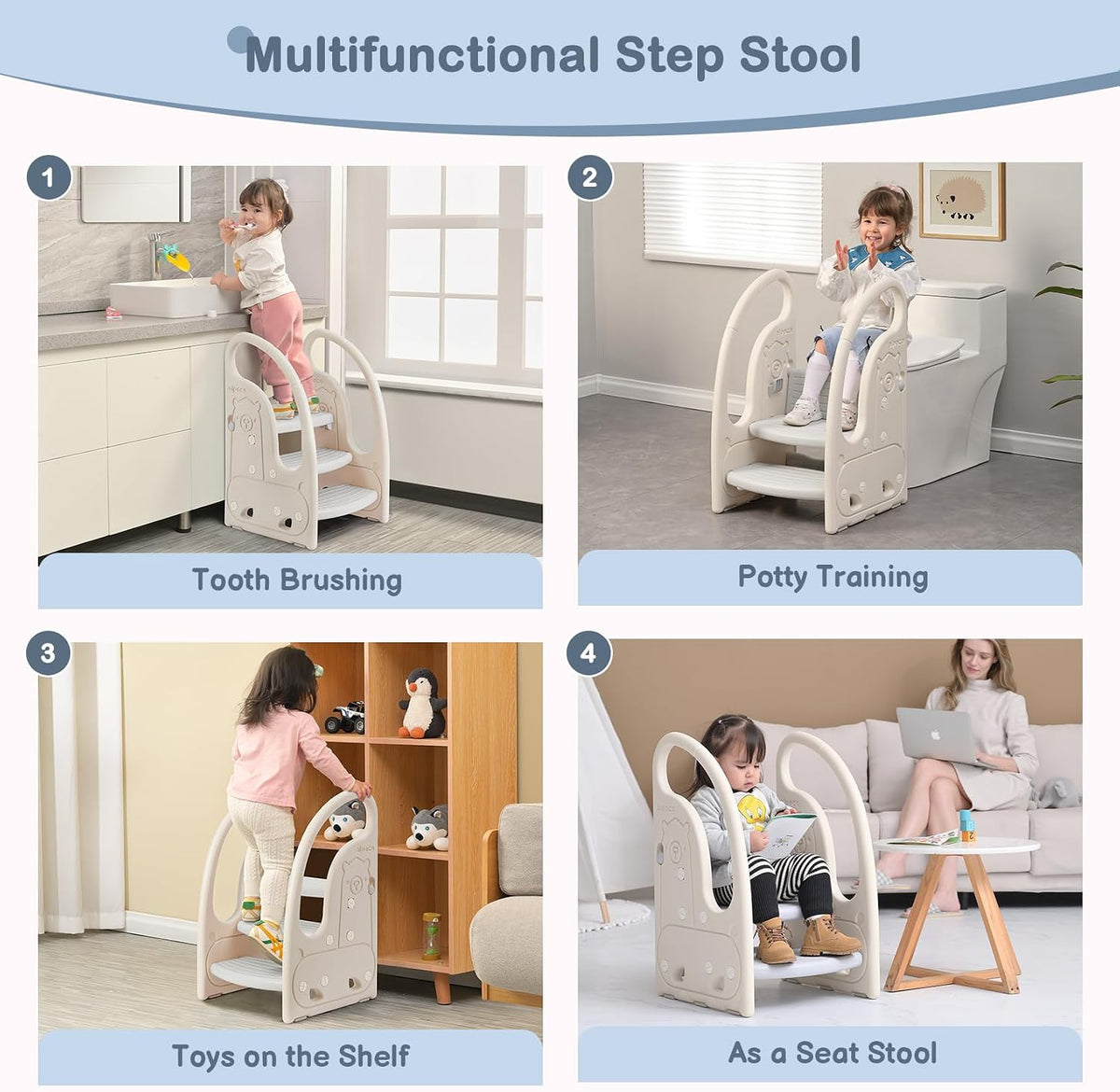 Toddler 3 Step Stool Kids Standing Tower for Toddlers Plastic Learning Helper Stool for Kitchen Counter Bathroom Sink Toilet Potty Training with Handles and Non-Slip Pads-Grey White