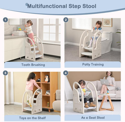 Toddler 3 Step Stool Kids Standing Tower for Toddlers Plastic Learning Helper Stool for Kitchen Counter Bathroom Sink Toilet Potty Training with Handles and Non-Slip Pads-Grey White