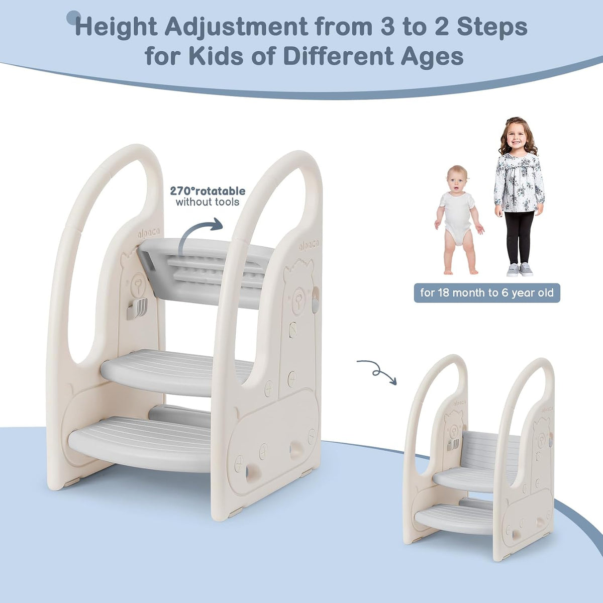 Toddler 3 Step Stool Kids Standing Tower for Toddlers Plastic Learning Helper Stool for Kitchen Counter Bathroom Sink Toilet Potty Training with Handles and Non-Slip Pads-Grey White