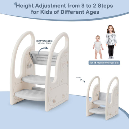 Toddler 3 Step Stool Kids Standing Tower for Toddlers Plastic Learning Helper Stool for Kitchen Counter Bathroom Sink Toilet Potty Training with Handles and Non-Slip Pads-Grey White
