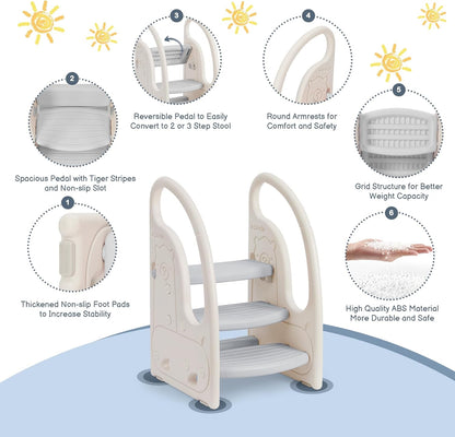 Toddler 3 Step Stool Kids Standing Tower for Toddlers Plastic Learning Helper Stool for Kitchen Counter Bathroom Sink Toilet Potty Training with Handles and Non-Slip Pads-Grey White