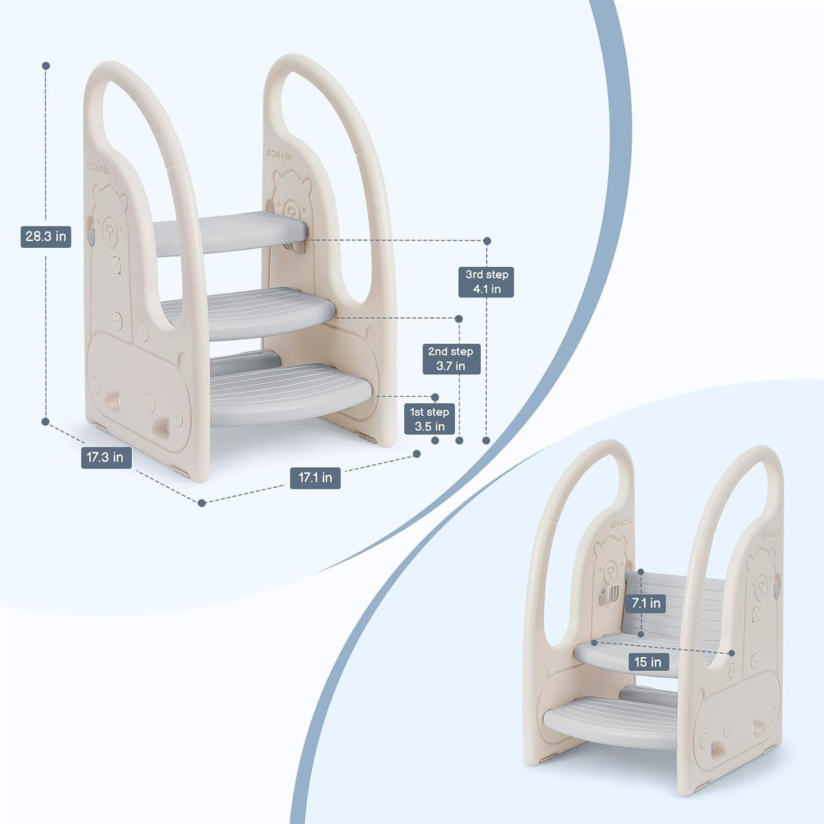Toddler 3 Step Stool Kids Standing Tower for Toddlers Plastic Learning Helper Stool for Kitchen Counter Bathroom Sink Toilet Potty Training with Handles and Non-Slip Pads-Grey White