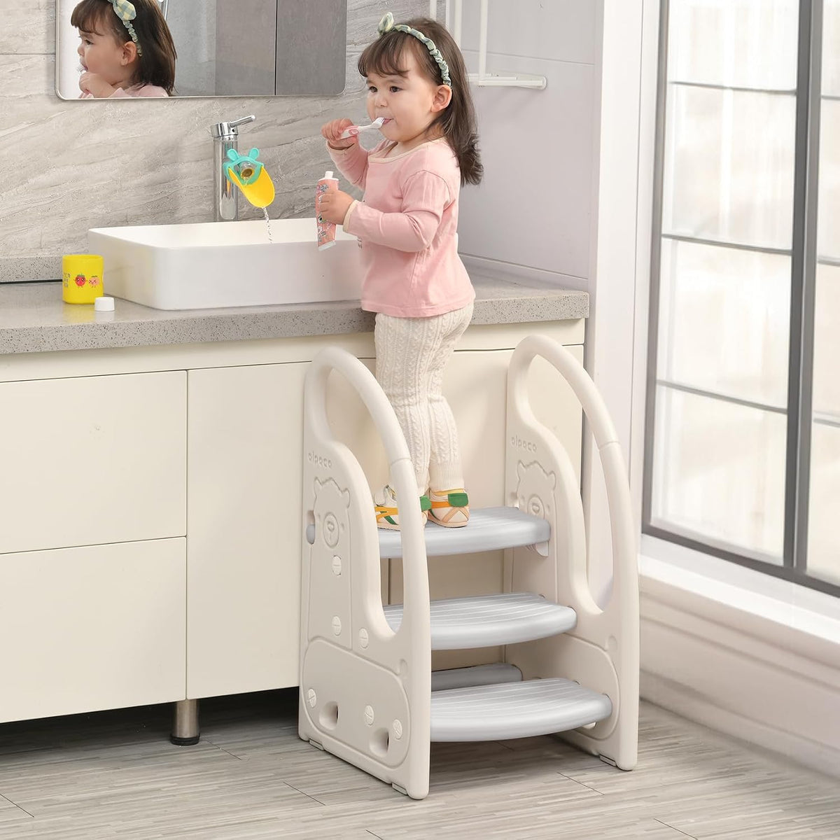 Toddler 3 Step Stool Kids Standing Tower for Toddlers Plastic Learning Helper Stool for Kitchen Counter Bathroom Sink Toilet Potty Training with Handles and Non-Slip Pads-Grey White