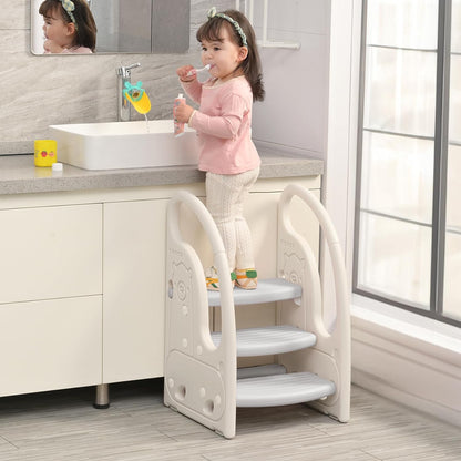 Toddler 3 Step Stool Kids Standing Tower for Toddlers Plastic Learning Helper Stool for Kitchen Counter Bathroom Sink Toilet Potty Training with Handles and Non-Slip Pads-Grey White
