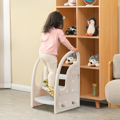 Toddler 3 Step Stool Kids Standing Tower for Toddlers Plastic Learning Helper Stool for Kitchen Counter Bathroom Sink Toilet Potty Training with Handles and Non-Slip Pads-Grey White