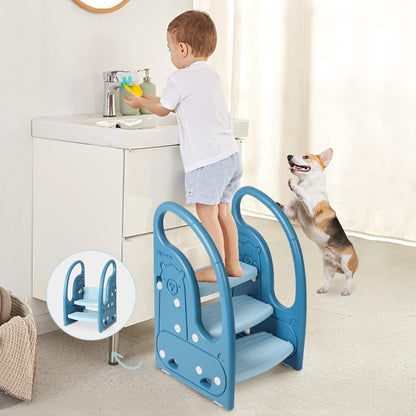 Toddler 3 Step Stool Kids Standing Tower for Toddlers Plastic Learning Helper Stool for Kitchen Counter Bathroom Sink Toilet Potty Training with Handles and Non-Slip Pads-Grey White