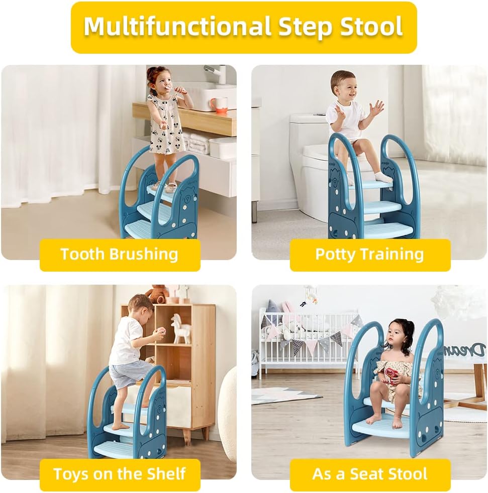Toddler 3 Step Stool Kids Standing Tower for Toddlers Plastic Learning Helper Stool for Kitchen Counter Bathroom Sink Toilet Potty Training with Handles and Non-Slip Pads-Grey White