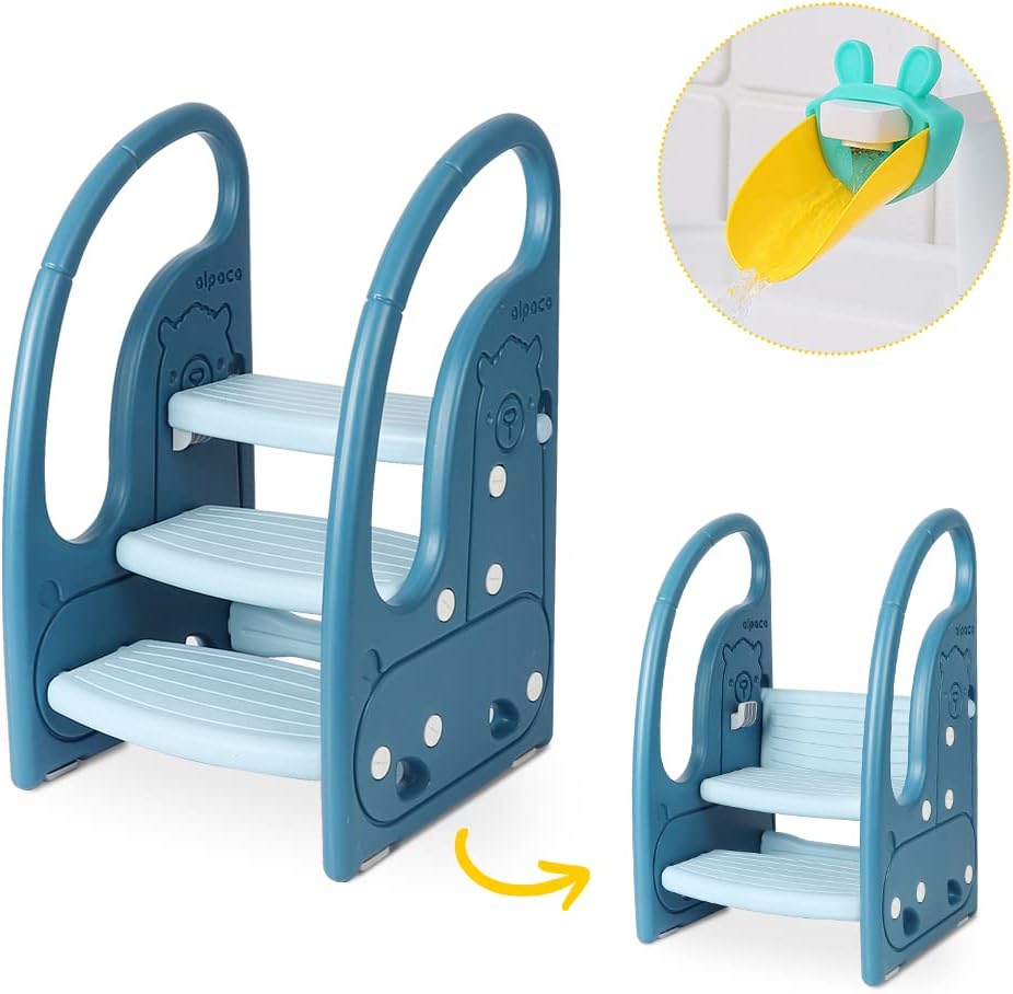 Toddler 3 Step Stool Kids Standing Tower for Toddlers Plastic Learning Helper Stool for Kitchen Counter Bathroom Sink Toilet Potty Training with Handles and Non-Slip Pads-Grey White