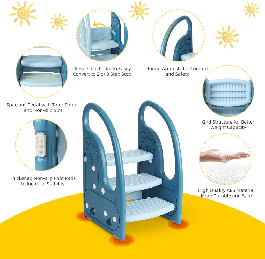 Toddler 3 Step Stool Kids Standing Tower for Toddlers Plastic Learning Helper Stool for Kitchen Counter Bathroom Sink Toilet Potty Training with Handles and Non-Slip Pads-Grey White