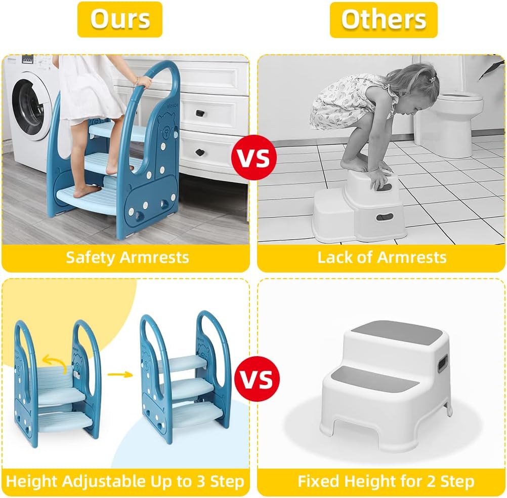 Toddler 3 Step Stool Kids Standing Tower for Toddlers Plastic Learning Helper Stool for Kitchen Counter Bathroom Sink Toilet Potty Training with Handles and Non-Slip Pads-Grey White