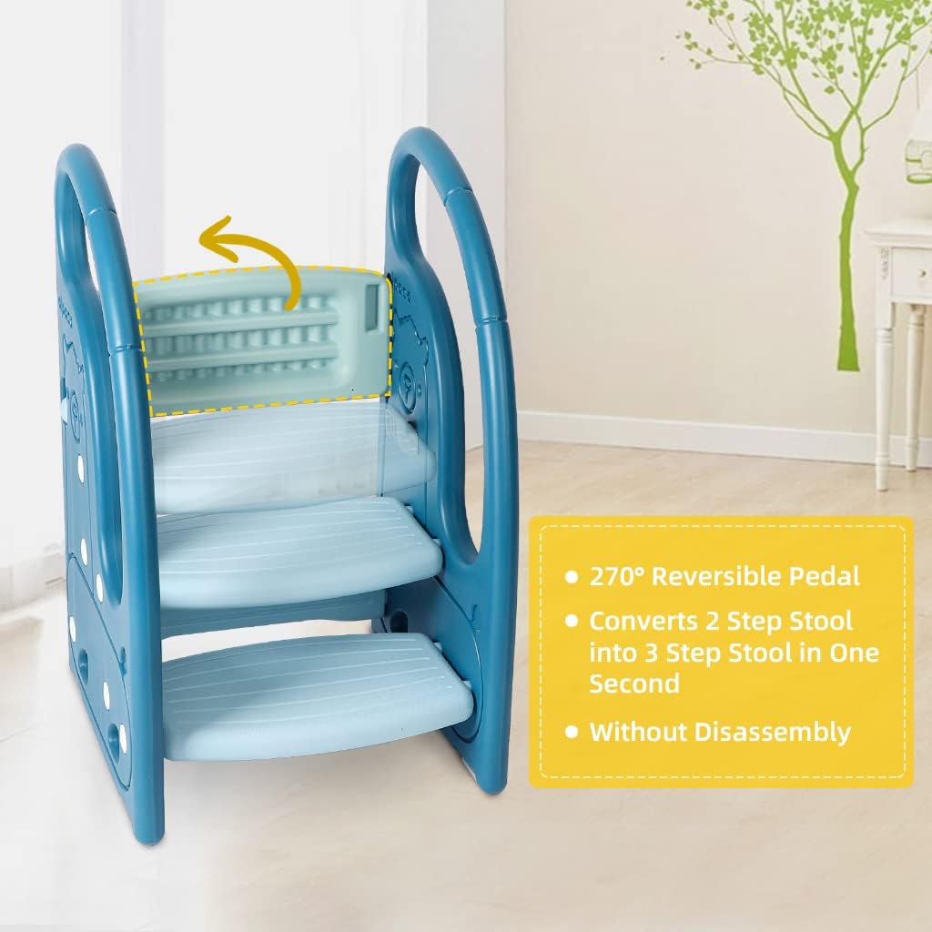 Toddler 3 Step Stool Kids Standing Tower for Toddlers Plastic Learning Helper Stool for Kitchen Counter Bathroom Sink Toilet Potty Training with Handles and Non-Slip Pads-Grey White