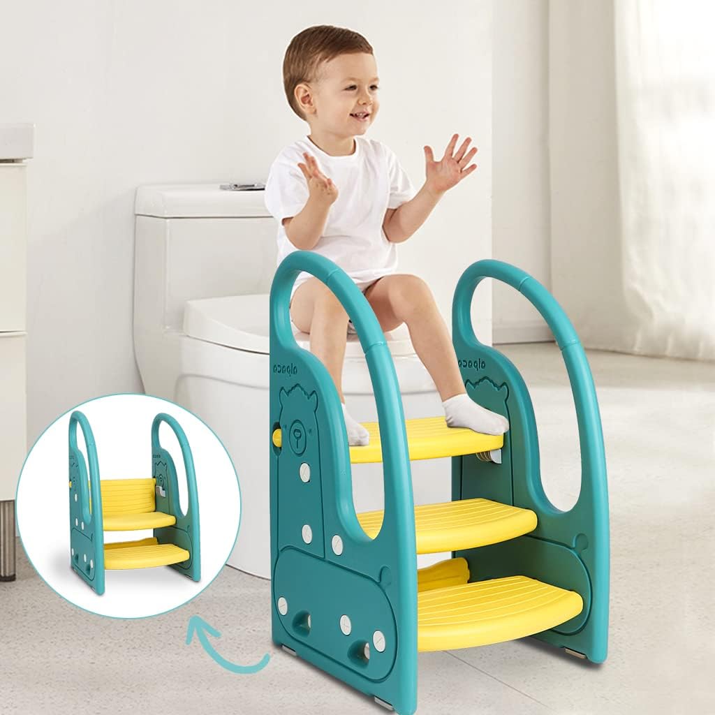 Toddler 3 Step Stool Kids Standing Tower for Toddlers Plastic Learning Helper Stool for Kitchen Counter Bathroom Sink Toilet Potty Training with Handles and Non-Slip Pads-Grey White