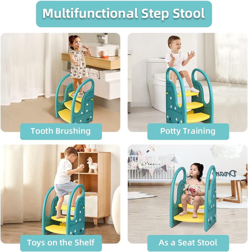 Toddler 3 Step Stool Kids Standing Tower for Toddlers Plastic Learning Helper Stool for Kitchen Counter Bathroom Sink Toilet Potty Training with Handles and Non-Slip Pads-Grey White