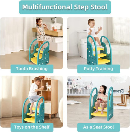 Toddler 3 Step Stool Kids Standing Tower for Toddlers Plastic Learning Helper Stool for Kitchen Counter Bathroom Sink Toilet Potty Training with Handles and Non-Slip Pads-Grey White
